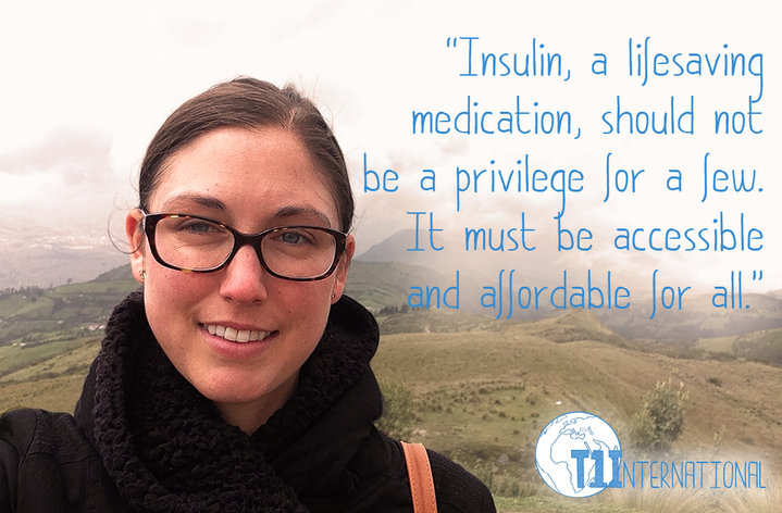 Amy standing on a green hillside on an overcast day with the words: "Insulin, a lifesaving medication, should not be privilege for a few. It must be accessible and affordable for all." 