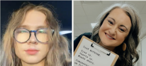 two photos of headshots of one person with glasses and blond hair and one person with a clipboard in brown hair smiling at the camera