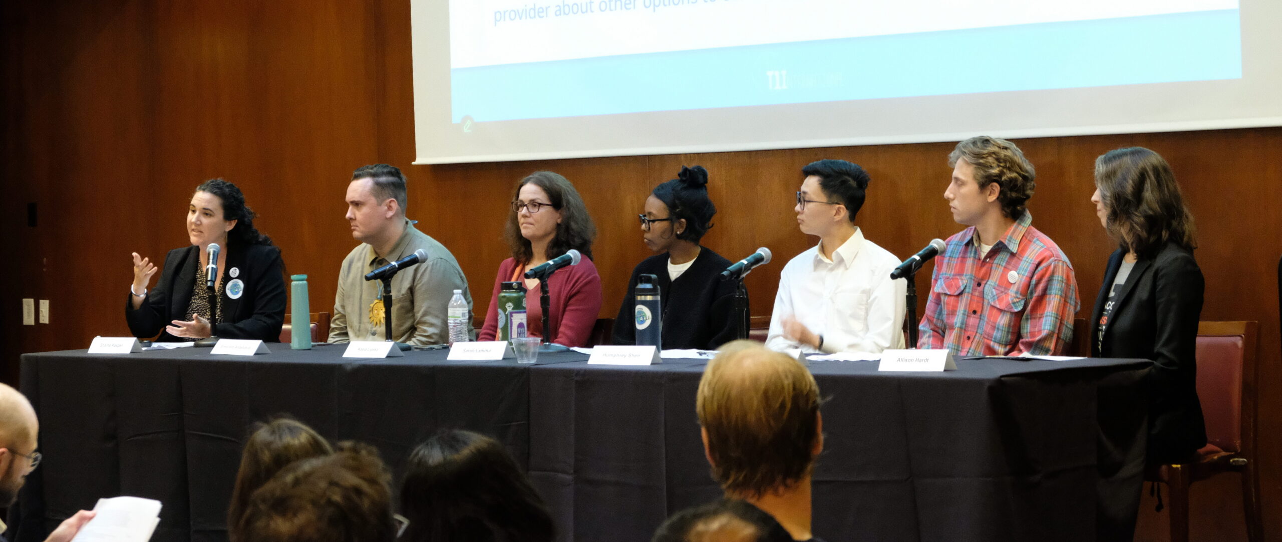 Shaina, Emerald, Kasia, Sara, Humprey, Max, and Allison all speaking on a panel; photo credit Cameron