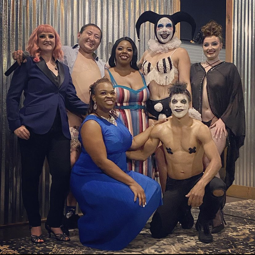 Krissy and other drag and burlseque performers pose after a DiabeTEASE Burlesque show
