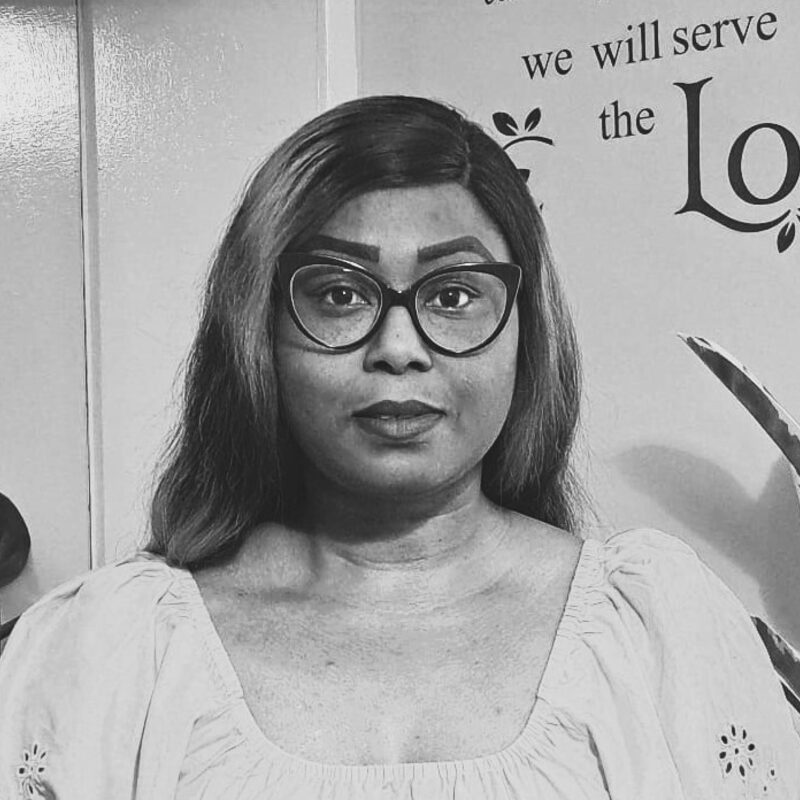 Black and white portrait of Nkiruka