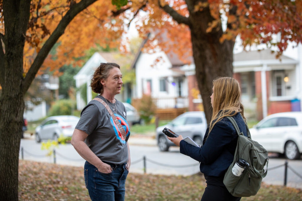 Nicole Smith-Holt of Minnesota, who lost her son, Alec, to insulin rationing, gives an interview to a reporter before participating in a demonstration with Type 1 Diabetes advocacy group, T1International, outside the Eli Lilly headquarters in Indianapolis, IN on October 24, 2022. Alec Smith was diagnosed at 23 with Type 1 Diabetes, an autoimmune disorder which attacks the insulin producing cells in the pancreas and makes a person fully dependent on an outside source of insulin. Alec was 26 years old and gainfully employed when he found himself aged out of his parents health insurance coverage and ineligible for both state health care assistance and the patient assistant programs offered by the insulin manufacturers. At the time of his death, the out-of-pocket cost for Alecs insulin would have been $1300 per month. So until he could afford more, Alec decided to ration what insulin he had left. In June of 2017, Smith-Holt learned that Alec had died of DKA, diabetic ketoacidosis, caused by a lack of insulin. Since his death, Smith-Holt has been working passionately with non-profit organizations and lawmakers to help make affordable insulin a reality. In 2019 the Minnesota House of Representatives passed the Alec Smith Insulin Affordability Act which provides an emergency 30 day supply of insulin to those in need for no more than $35 as well as a more long term program for those who qualify. Since then, Maine and Colorado have passed similar legislation. © Photo by Erin Lubin