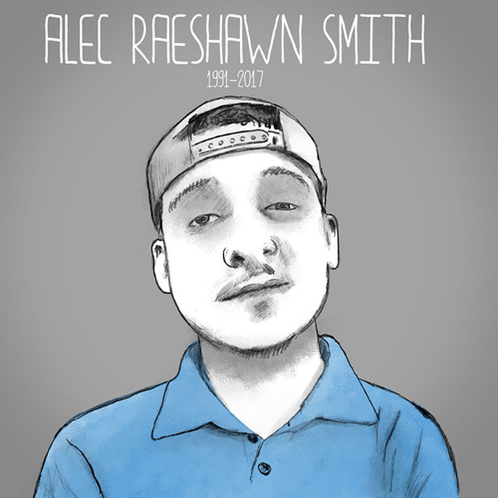 Grey and white illustration of Alec Raeshawn Smith with his name at the top and 1991-2017