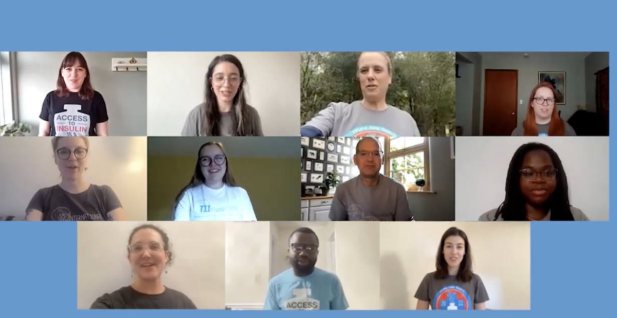 Screenshot of T1International's Team in zoom squares on a light blue background