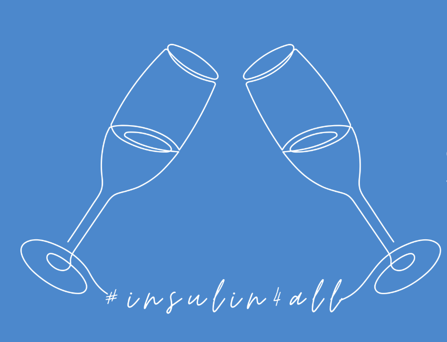 Screenshot from the graphics of T1International toast of white campaign glasses clincling with #insulin4all between