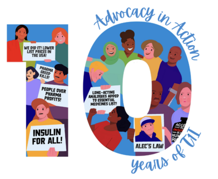 Screenshot of the icon for our Advocacy in Action 10 years of T1I workshop, a graphic of a bunch of people holding signs made into the number ten on a blue background with script in blue around the zero saying: "Advocacy in Action 10 Years of T1I"
