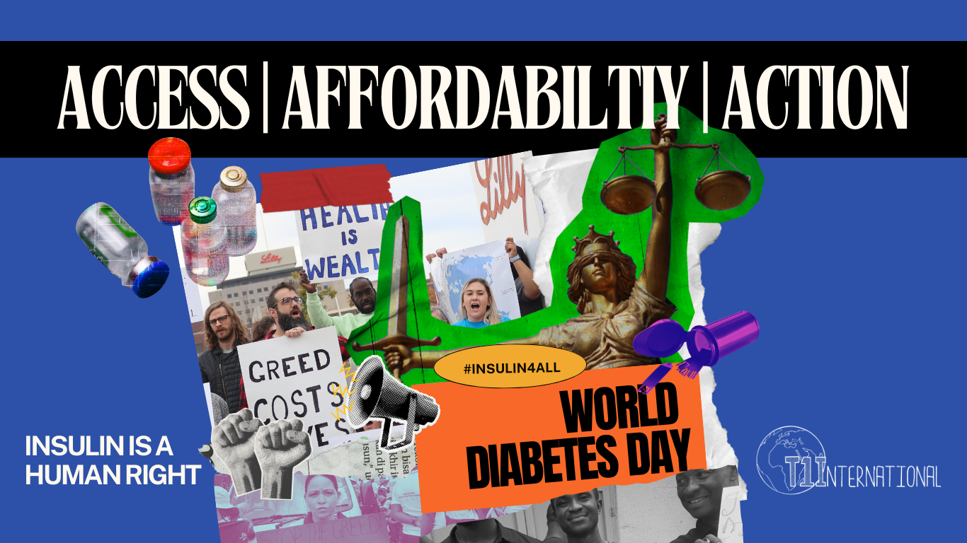 T1International's World Diabetes Day Banner lots of images on blue background with the words Access Affordability Action white on black background header