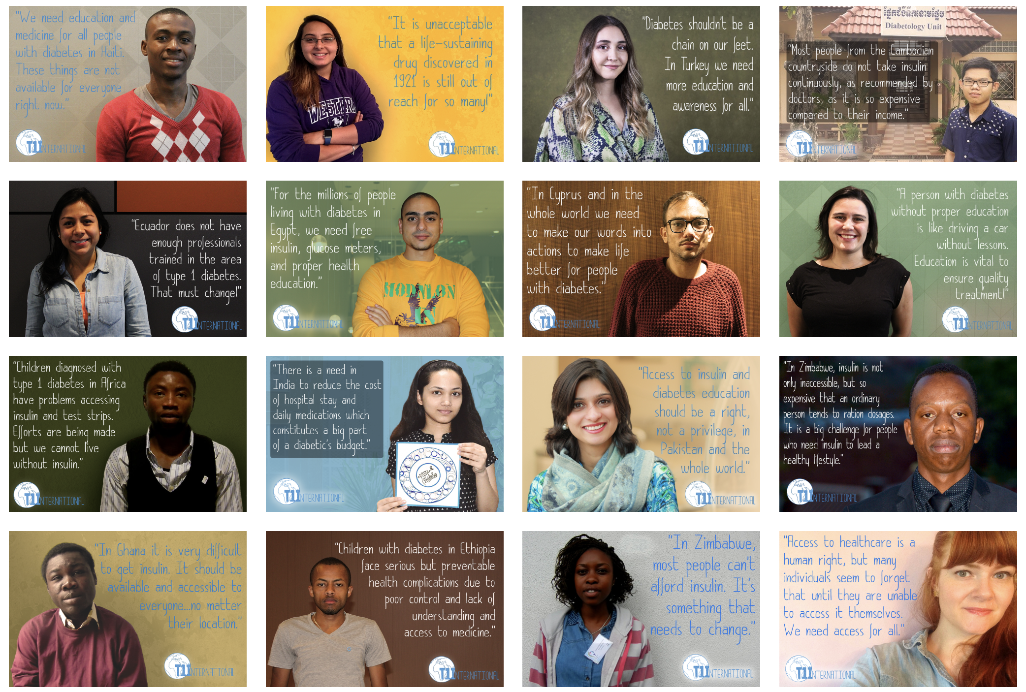 Screenshot of a grid of 16 testimonials of people on a colored background and a quote