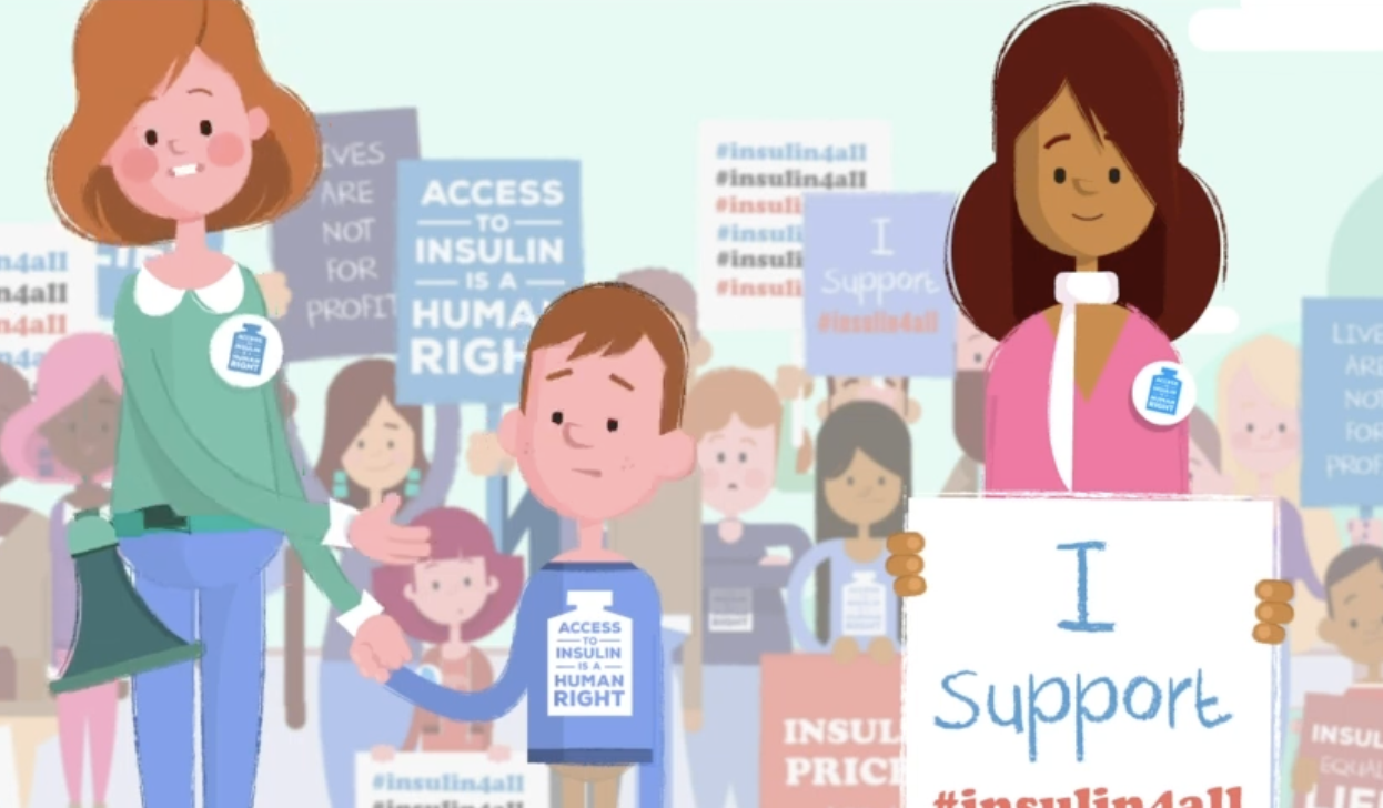 Screenshot from the Patients Have Power Video of drawn people at a protest talking