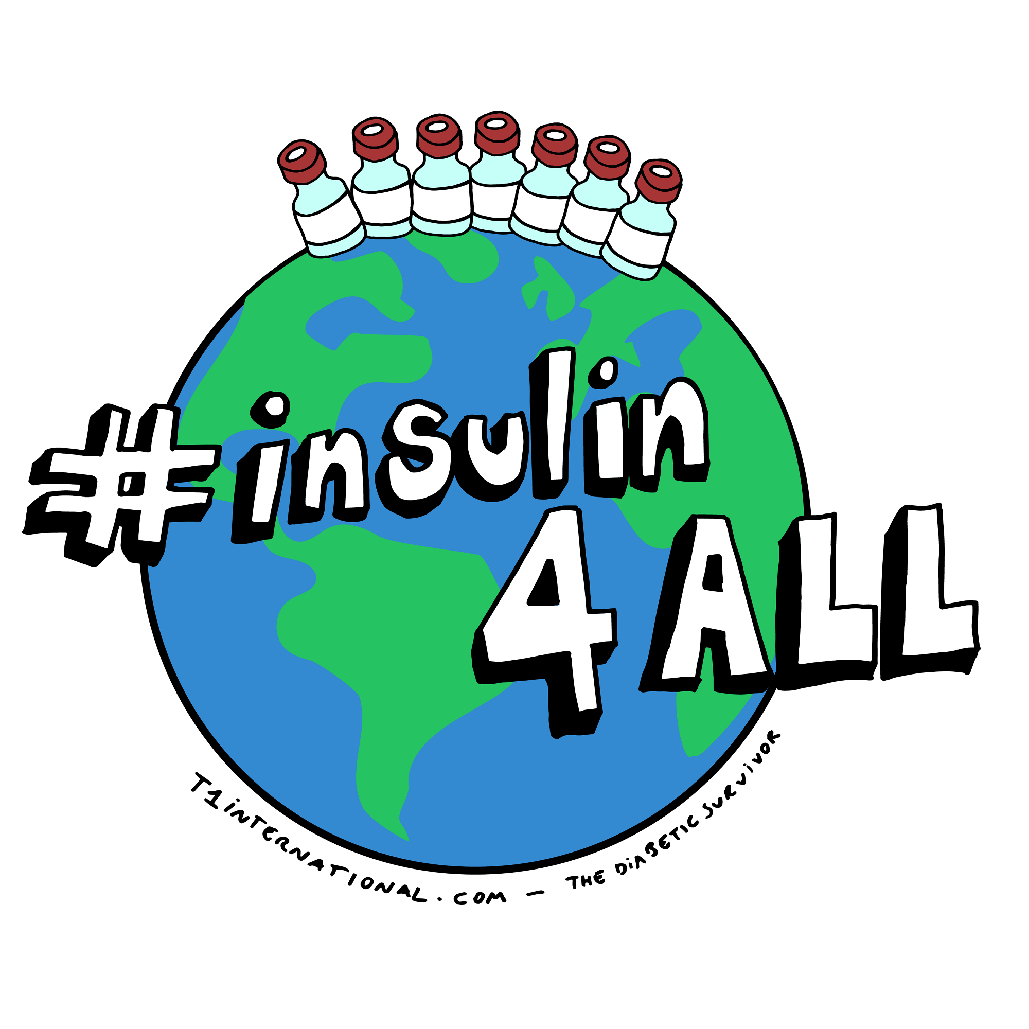 Cartoon globe with row of insulin vials on the top and text reading #insulin4all over globe. Along the bottom of globe text reads “T1International.com – The Diabetic Survivor”