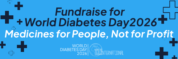 Navy and white text on a bright blue background: Fundraise for World Diabetes Day 2026. Medicines for People, Not for Profit. World Diabetes Day 2026 and the logo