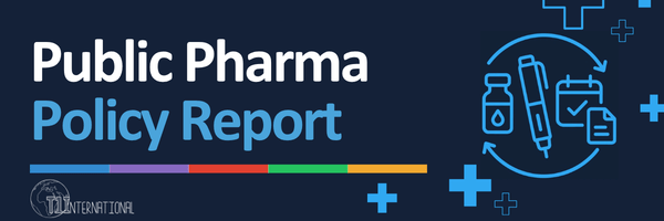 White and light blue text on a navy background with supplies and pharma icons to the right and bottom, under a colored line saying: "public pharma policy report"