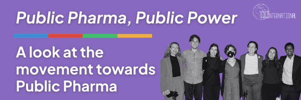 White text on a purple background: Public Pharma, Public Power, a look at the movement towards public pharma with a black and white photo of the panelists smiling at the camera and the T1International logo in white in the upper righthand corner