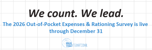 Black and blue text on a checkered background: "We count. We lead. The 2026 Out-of-Pocket Expenses & Rationing Survey is live through December 31" with the T1International logo beneath