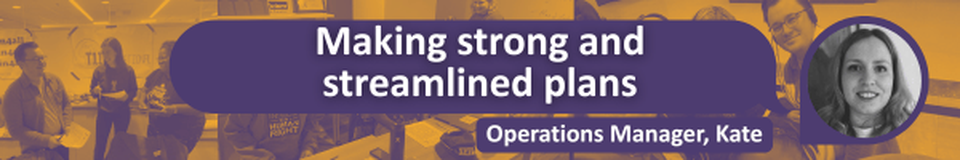 a black and white photo of Kate and white text on a purple background saying: "Making strong and streamlined plans" and "Operations Manager, Kate" on a duotone collage of photos from our retreat