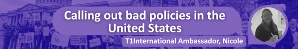 a black and white image of Nicole on purple background with white text on purple saying: "Calling out bad policies in the United States" and "T1Internaitonal Ambassador, Nicole" over a duotone collage