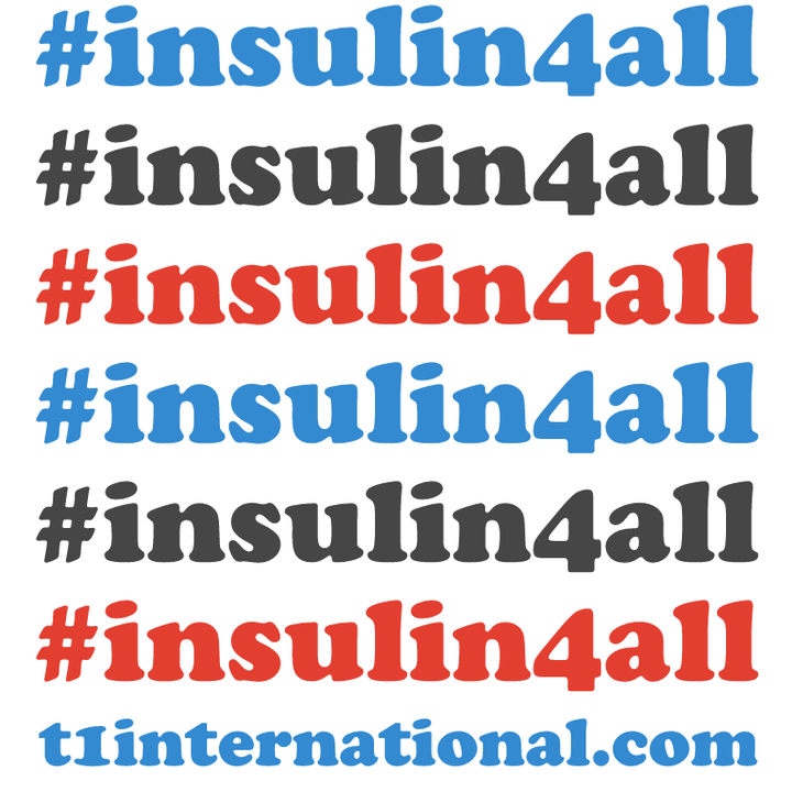 graphic with the words #insulin4all repeating in blue, red and grey