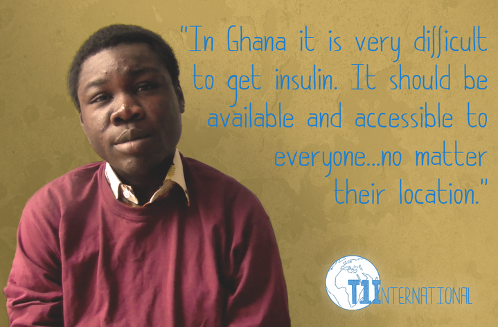 Fred from Ghana in front of yellow backdrop with the words: "In Ghana it is very difficult to get insulin. It should be available and accessible to everyone... no matter their location."