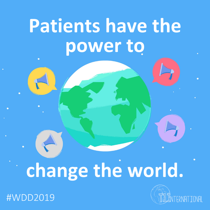 A Globe with megaphones and the words ''Patients have the Power to Change the world''