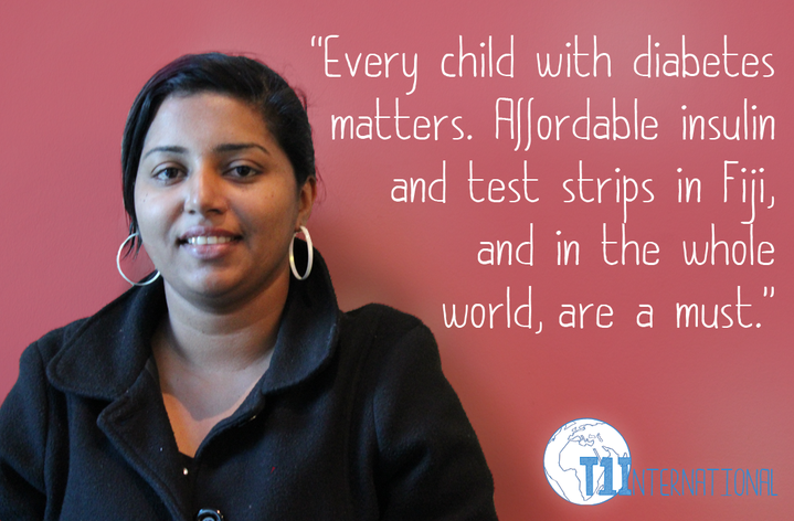 Shivanjani from Fiji in front of pink backdrop says: "Every child with diabetes matters. Affordable insulin and test strips in Fiji, and in the whole world, are a must."