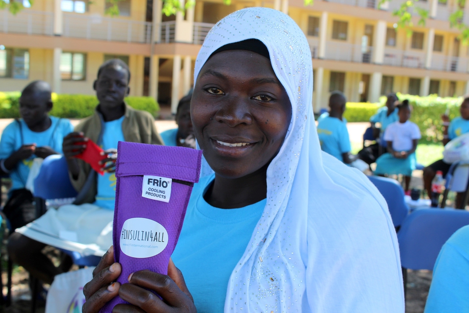 Type 1 warrior holds a Frio insulin cooling pack in Gulu, Uganda